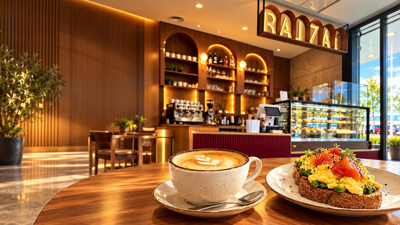 Raizal's interior with coffee and toast in the foreground